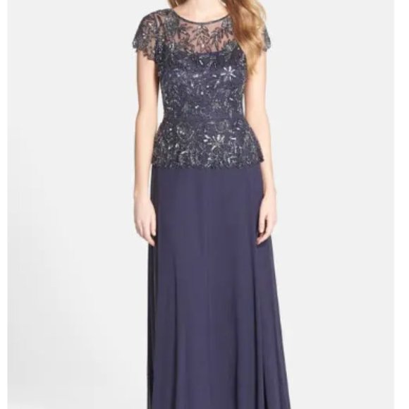 PISARRO NIGHTS BEADED MESH MOCK TWO-PIECE SLATE DRESS sz 2 - Picture 2 of 6